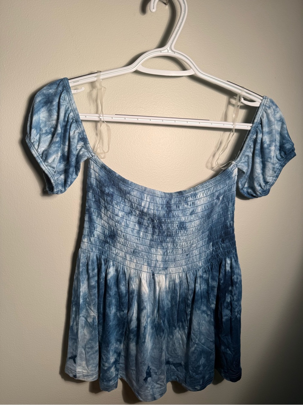 Moral Fiber 
Blue Tie-Dye Off-Shoulder Smocked Top